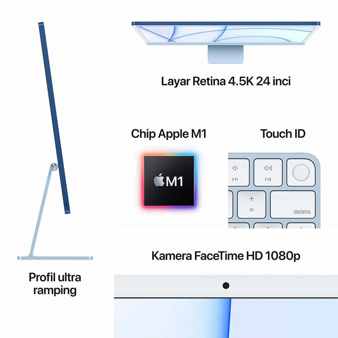 {{ variant }iMac 24 inci (M1, Dua Port, 2021)24-inch iMac with Retina 4.5K display: Apple M1 chip with 8‑core CPU and 7‑core GPU, 256GB
